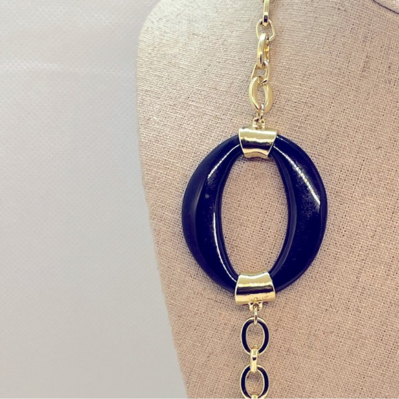 Chico’s  35’ Necklace Gold Tone with Navy Blue Oval and Square Accents. - Picture 4 of 9